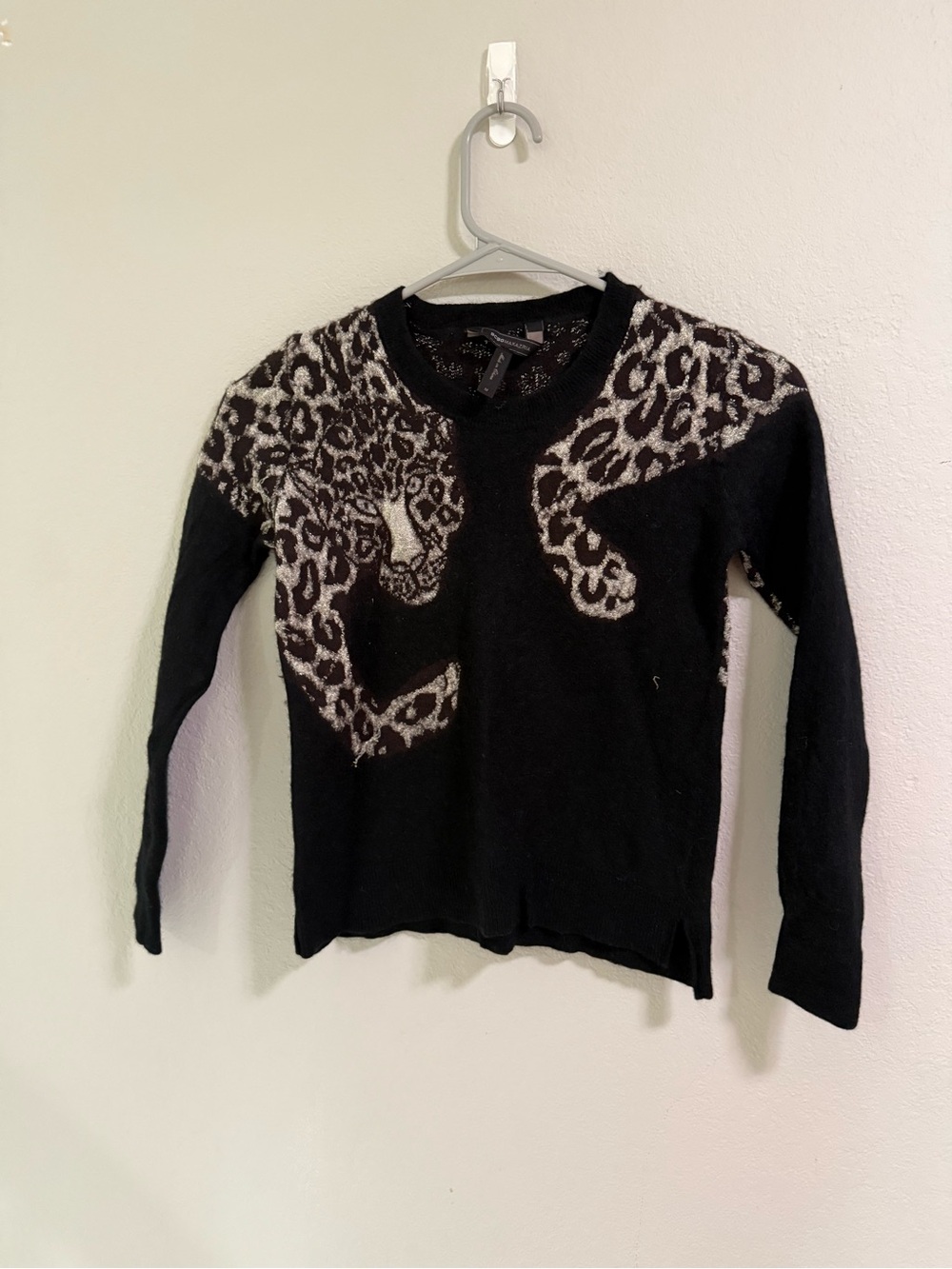 BCBG Max Azria Black Leopard Intarsia Sweater M Long Sleeve